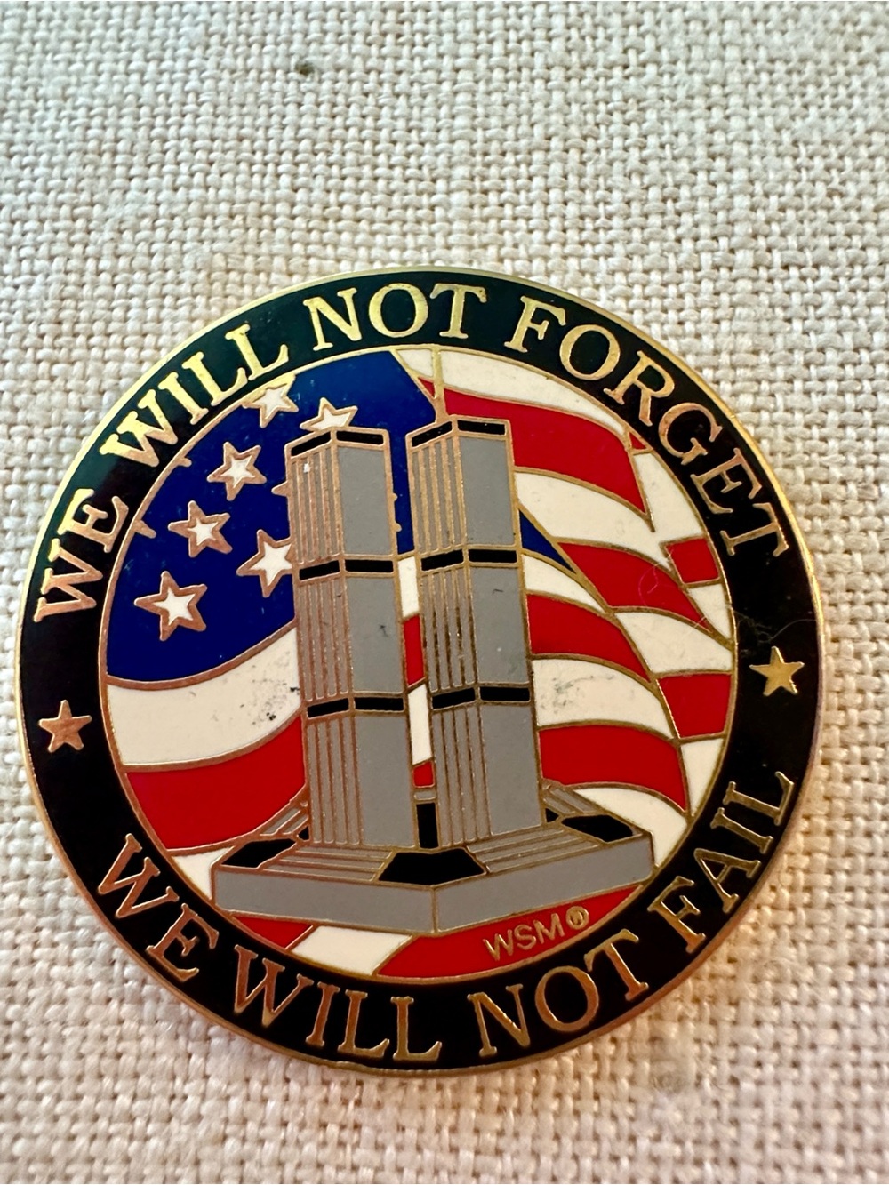 We Will Not Forget Memorial Enamel Pin - American Flag & Twin Towers